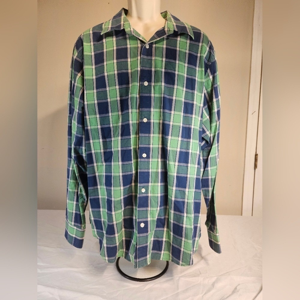 Banana‎ Republic Tailored Fit Mens XL Plaid Button Down Shirt Green Navy Blue